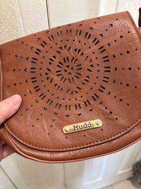 Mudd Tan Laser-Cut Flap Crossbody with Gold Plaque